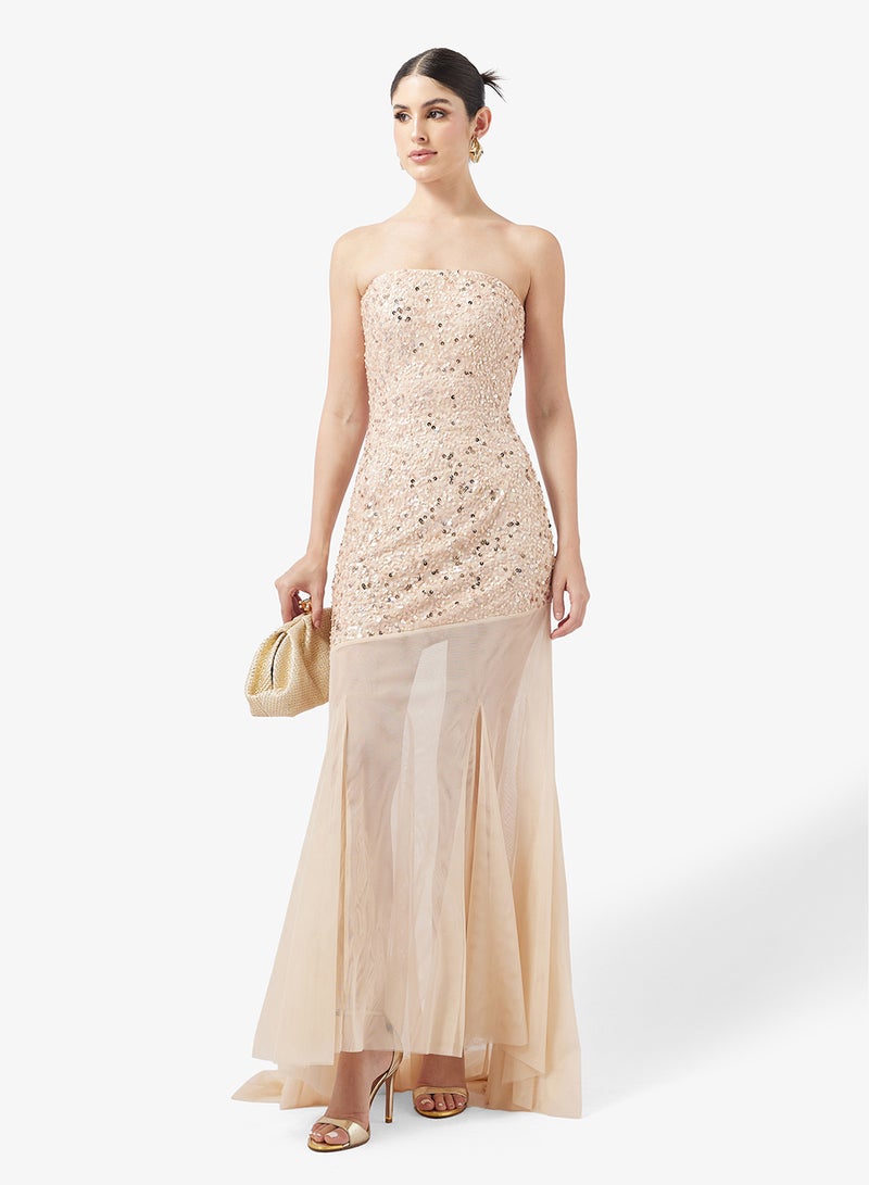 Little Mistress Embellished Mesh Bandeau Detail Maxi Dress - Image 4